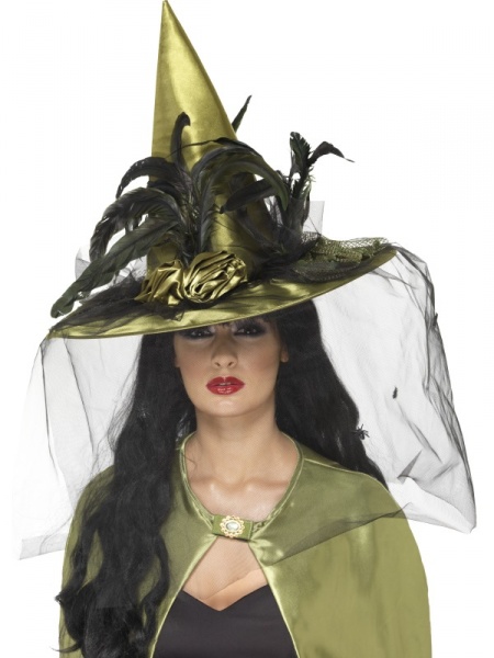 Olivově zelený čarodějnický klobouk s peřím