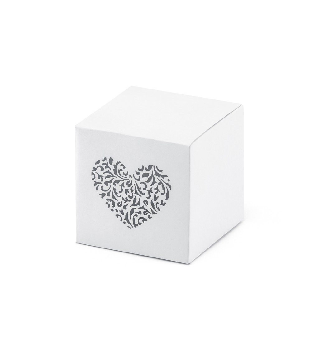 Dárková krabička - Bílá, srdcový vzor, 10 ks