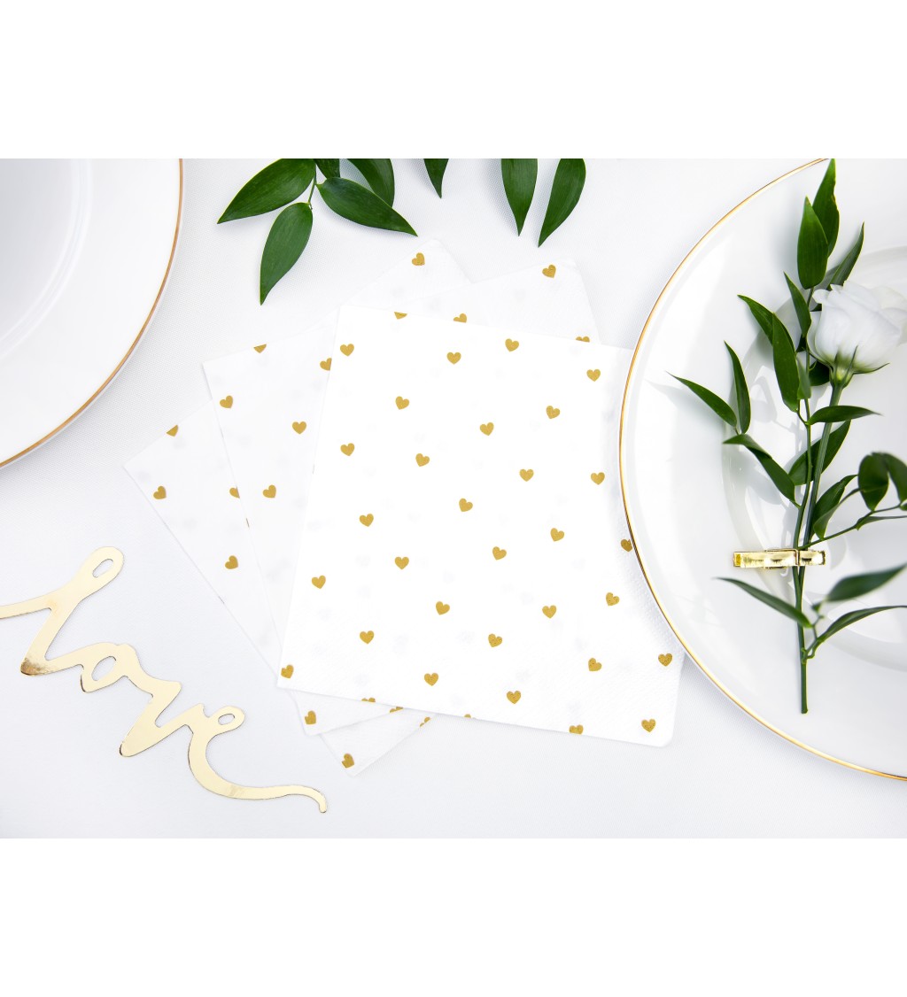 Bílé ubrousky se zlatými srdíčky