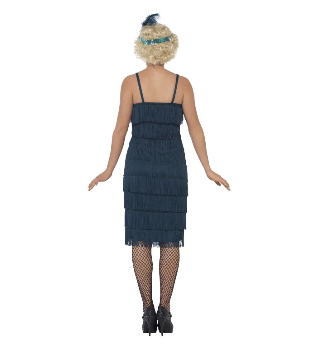 Tmavozelená šaty s třásněmi ve stylu prohibice