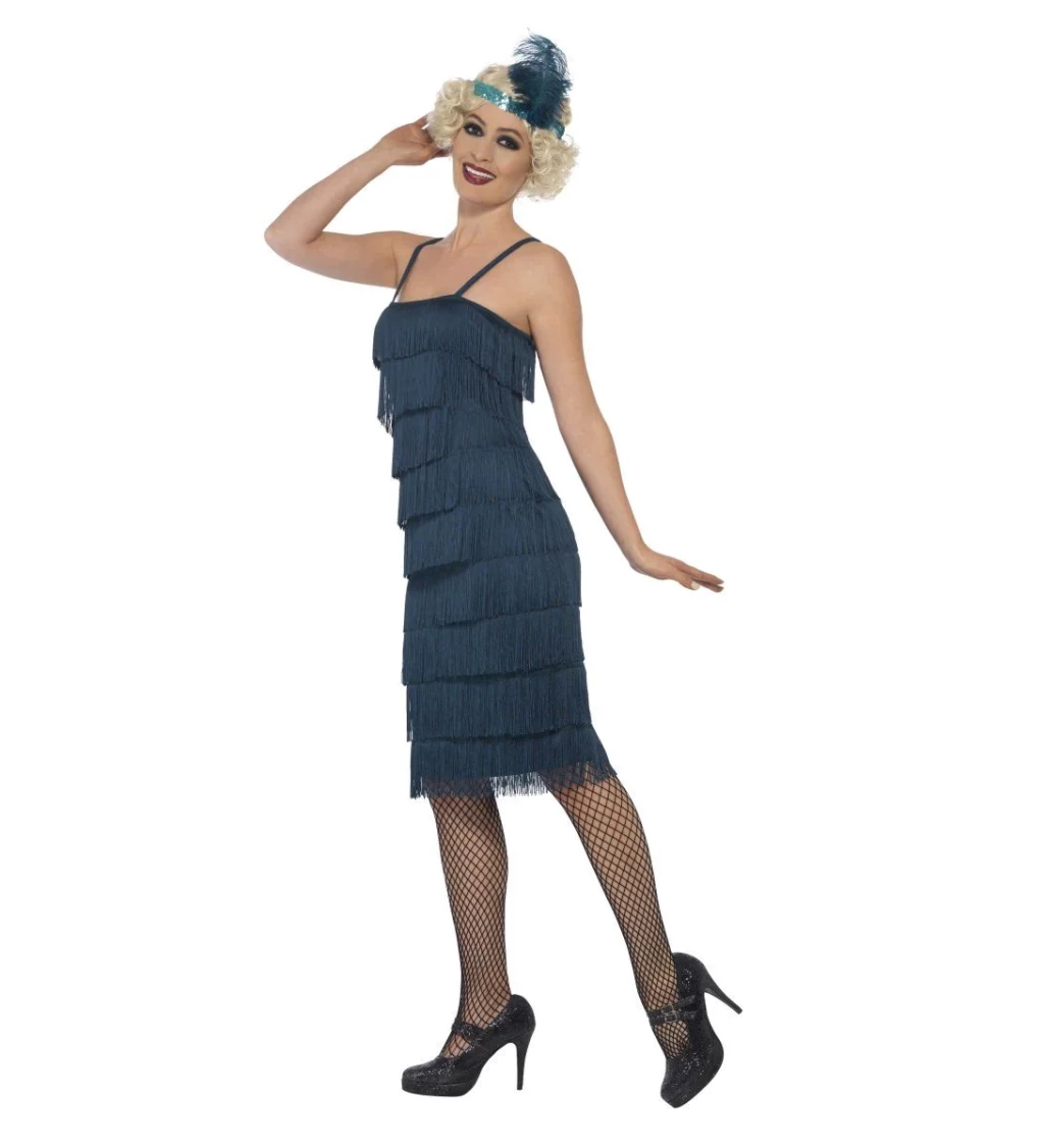 Tmavozelená šaty s třásněmi ve stylu prohibice