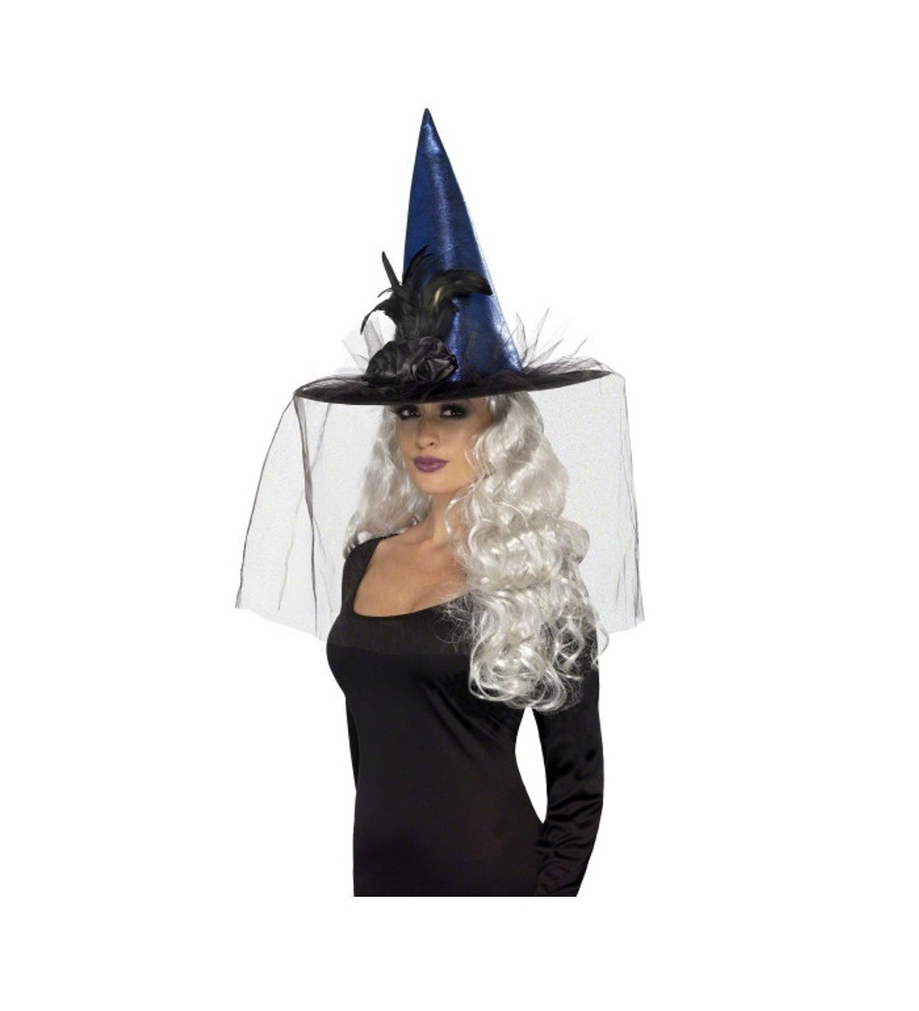 Modrý čarodějnický klobouk s peřím