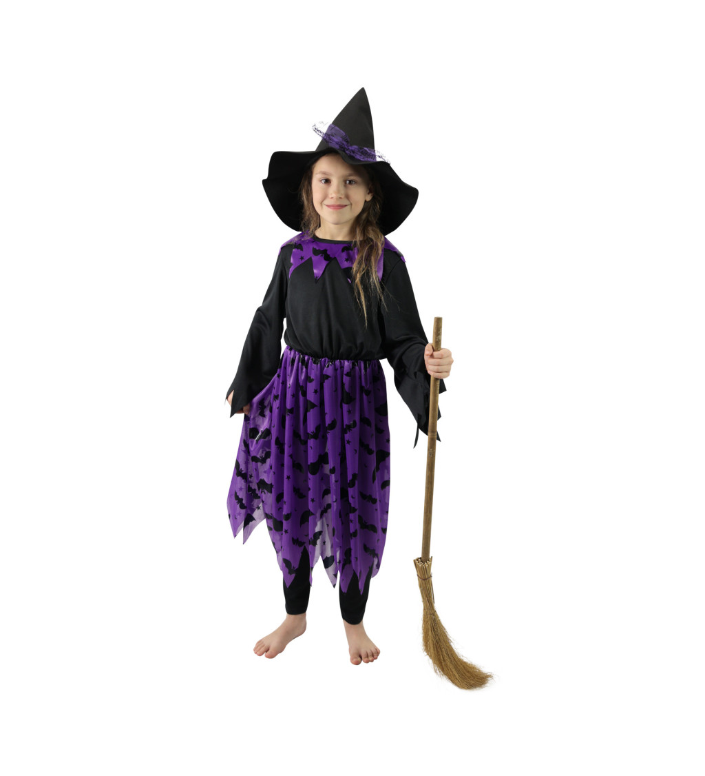 Dětský kostým - čarodějnice - fialový, netopýři