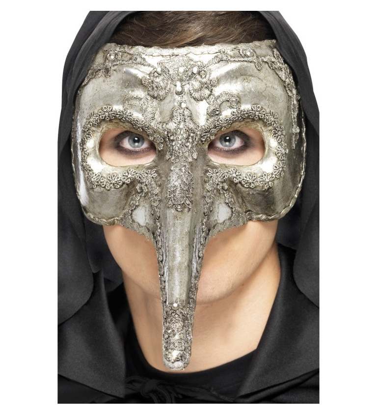 Maska - Benátská s nosem, stříbrná