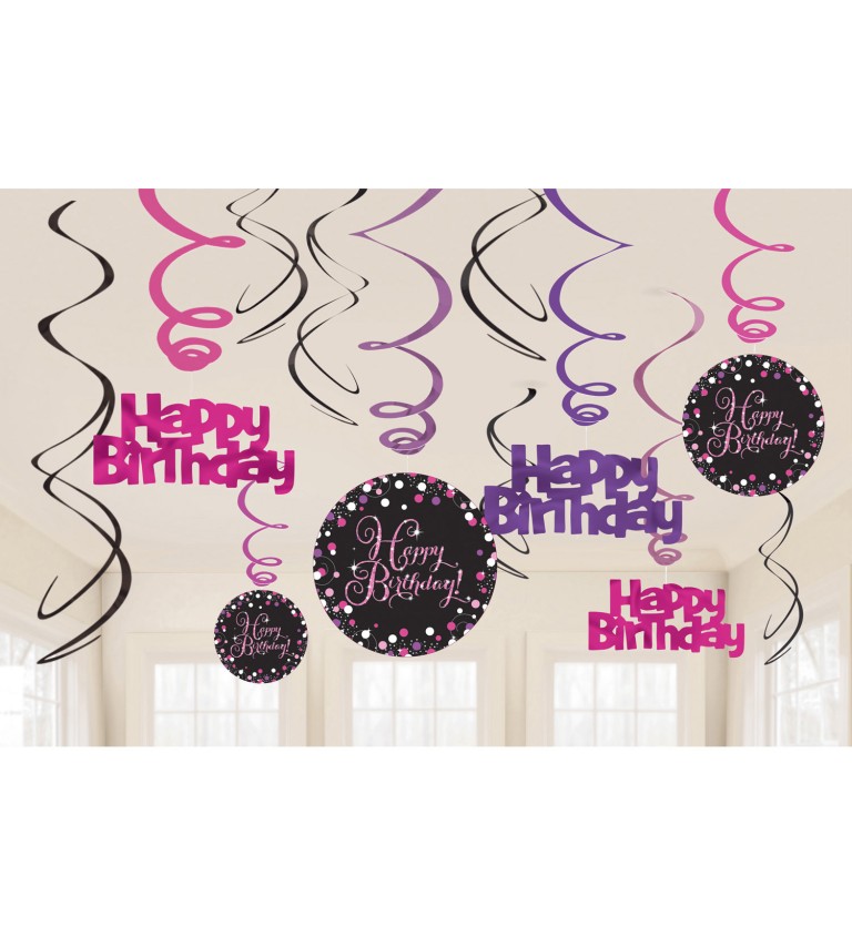 Růžová dekorace - spirálky Happy birthday